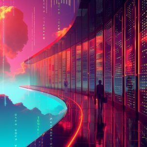 Illustration of a data center with server rows, glowing clouds, and floating binary code in the sky. A high-tech scene with figures walking on curved pathways in an illustration with vector art, vibrant colors, and a fantasy style against a futuristic background with high resolution and high detail. The scene uses a colorful and bright color palette in a wide shot with a cinematic style. --ar 16:9 Job ID: 693a2484-1643-4d60-b5cf-56993f7dff6f