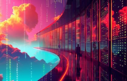 Illustration of a data center with server rows, glowing clouds, and floating binary code in the sky. A high-tech scene with figures walking on curved pathways in an illustration with vector art, vibrant colors, and a fantasy style against a futuristic background with high resolution and high detail. The scene uses a colorful and bright color palette in a wide shot with a cinematic style. --ar 16:9 Job ID: 693a2484-1643-4d60-b5cf-56993f7dff6f