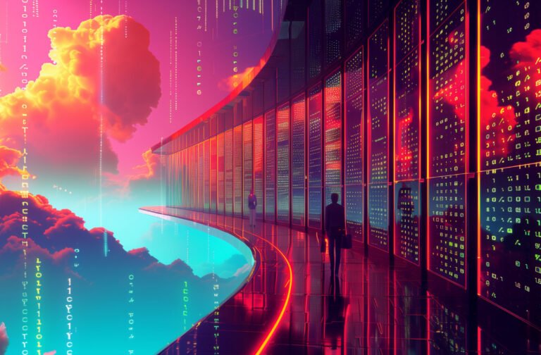 Illustration of a data center with server rows, glowing clouds, and floating binary code in the sky. A high-tech scene with figures walking on curved pathways in an illustration with vector art, vibrant colors, and a fantasy style against a futuristic background with high resolution and high detail. The scene uses a colorful and bright color palette in a wide shot with a cinematic style. --ar 16:9 Job ID: 693a2484-1643-4d60-b5cf-56993f7dff6f