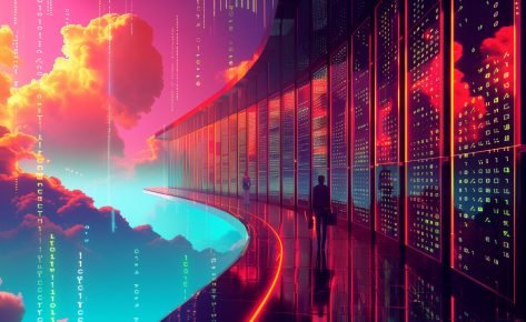 Illustration of a data center with server rows, glowing clouds, and floating binary code in the sky. A high-tech scene with figures walking on curved pathways in an illustration with vector art, vibrant colors, and a fantasy style against a futuristic background with high resolution and high detail. The scene uses a colorful and bright color palette in a wide shot with a cinematic style. --ar 16:9 Job ID: 693a2484-1643-4d60-b5cf-56993f7dff6f